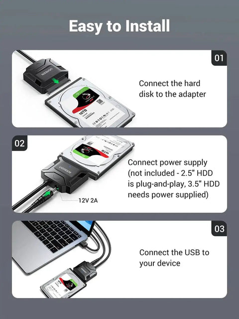 Installation steps for SATA To USB 3.0 External Drive Adapter Cable For 3.5 And 2.5 Inch SSD HDD with 12V power adapter and laptop.