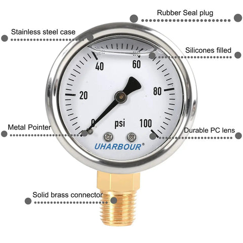 Liquid Filled Fuel Pressure Gauge With 2 Inch Dial And 304 Stainless Steel Case 0 to 100 Psi Range 2 Percent Accuracy Quarter Inch NPT