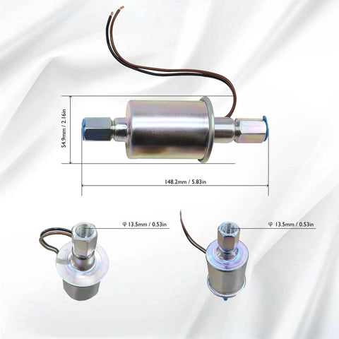 Inline 12 Volt Electric Fuel Pump For Carbureted Engines Low Pressure 5 To 9 PSI Three Eighth Inch Inlet And Outlet Universal Replacement With Installation Kit E8090 SP1141 Compatible Plug And Play Ready To Drop In Mounting For Easy Install shown with dimensions