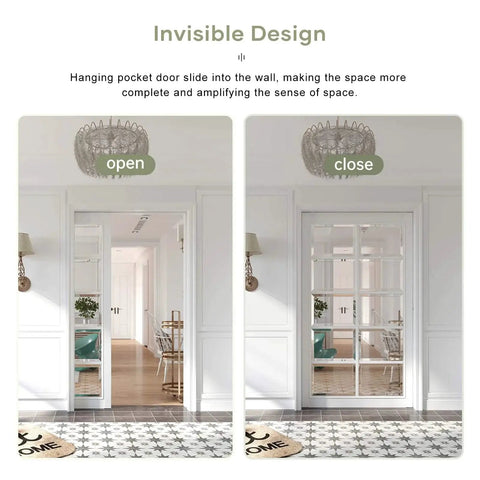 Eight Foot Sliding Pocket Door Hardware Kit with Aluminum Box Rail Track shown installed in open and closed positions in room.