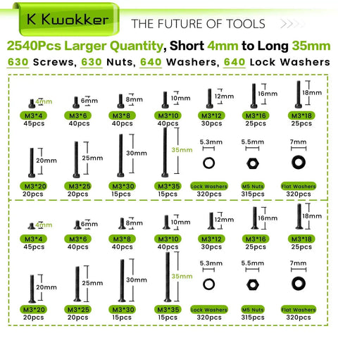 Infographic overview of M3 Screw Kit Set With 2540 Pieces Packed With Socket Head And Flat Head M3 Screws From 4mm To 35mm, Zinc Plated