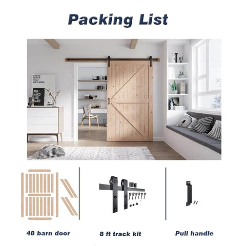 48 Inch By 80 Inch Sliding Wood Barn Door With 8 Foot Hardware Kit Included, K Shape Solid Spruce Panel, shown installed in living room.