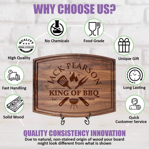 Personalized Engraved Cutting Board for Dad and Grandpa - Custom Wood BBQ Grilling Board with "Jack Pearson King of BBQ" text