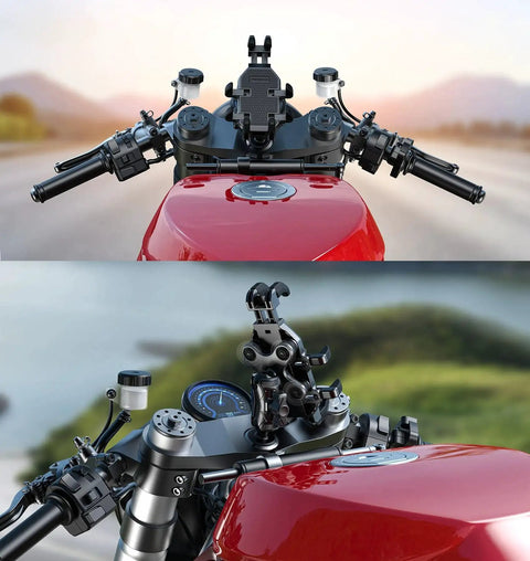 Motorcycle Fork Stem Phone Mount With Vibration Dampener And Anti Shake for 12mm to 25.4mm tubes on red motorcycle