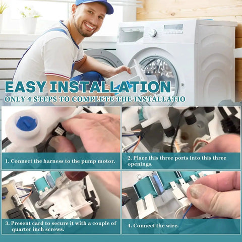 Washer water inlet valve kit; white plastic valve with blue cap, installation steps collage