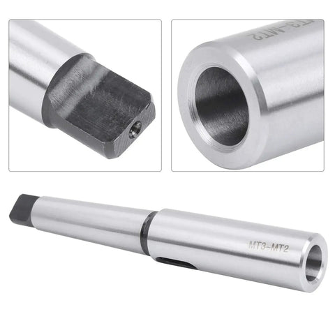 Side view of Morse taper MT3–MT2 extension adapter in steel; silver finish with bore opening and set-screw end.