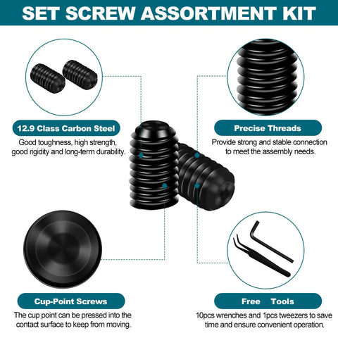 Set Screw Assortment Kit With 1211 Pieces Metric And SAE, M3 To M8 And 1/8 To 5/16 Inch, Class 12.9 Carbon Steel Socket Cup Point Grub Screws