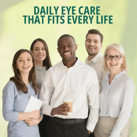 Group of five diverse adults smiling under 'Daily Eye Care That Fits Every Life' text.