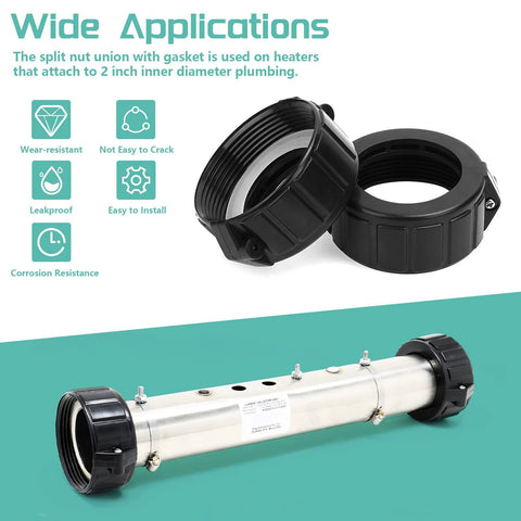 2-inch spa hot tub heater pump union nut set with gasket and O-rings, Balboa Gecko compatible, black plastic