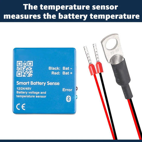 Temperature Sensor Replacement For Victron Energy That Is A Must Have For Precision Battery Temperature Monitoring And Easy Plug In Compatibility With Quattro And MultiPlus Inverter Chargers Cerbo GX And Venus GX For Reliable Charging Performance, showing blue sensor with attached cables.