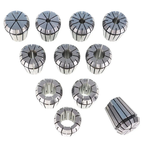 ER32 collet set for CNC milling and engraving, alloy steel, sizes 1/8 to 3/4 inch, arranged in a triangular pattern