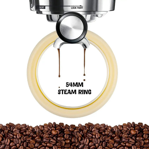 Two Pack 54mm Silicone Steam Ring Gasket Replacement For Espresso Machine Group Head shown installed with coffee beans