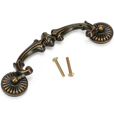Drop Bail Drawer Pull 5 Inch Center To Center 128 Mm Hole Spacing Includes 2 Screws Antique Brass Finish Bronze Metal Hardware Shabby Chic Floral Dresser Cabinet Wardrobe Pull Replacement