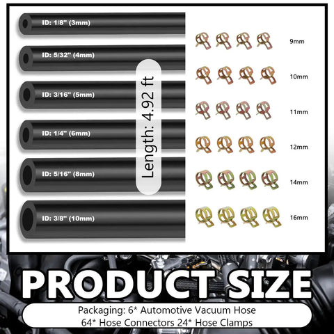 Graphical display of Silicone Vacuum Hose Kit For Cars Six Sizes From 1/8 To 3/8 Inch With 64 Connectors And 24 Clamps 94 Piece Set