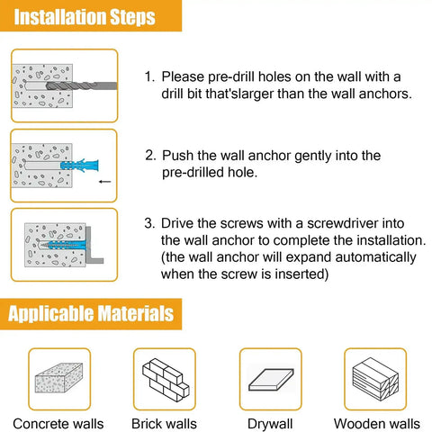 Installation steps and applicable materials for 270 Piece Wall Anchors Kit For Drywall And Concrete Includes Five Essential Sizes.