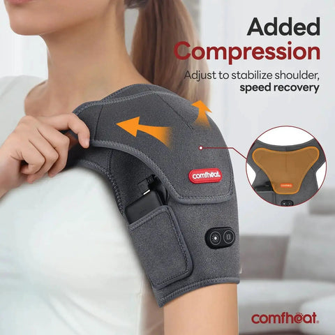 Cordless Shoulder Heating Pad With Vibration Massage, 5000mAh Battery, worn on shoulder showing adjustable compression feature.