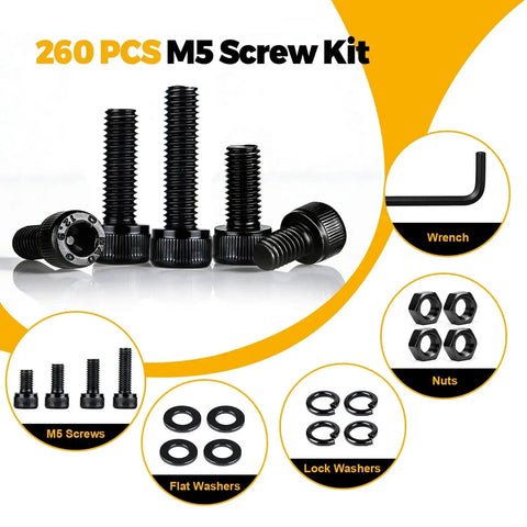 260 Piece M5 Screw Kit With Bolts Nuts Washers And Hardware Set, 12.9 Alloy Steel Plated Hex Socket Head Screws M5 Lengths 8 10 12 16 20 25 30 35mm, Durable Fastener Organizer For DIY Projects displayed