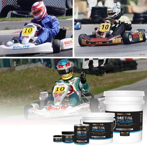 Kart racing scenes with Heavy Duty Metal Polish Paste 4.5 Oz For Aluminum, Chrome, And Stainless Steel products displayed in the foreground.
