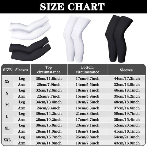 Size chart for two pairs compression full length leg sleeves and two pairs sunscreen arm sleeves set for men and women black and white X small breathable sports gear for football and workouts.