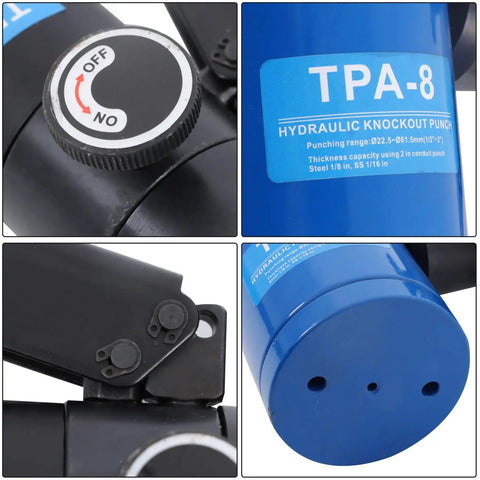 Close-up of Hydraulic Knockout Punch Kit 8 Ton Conduit Hole Cutter Set With 6 Dies for metal sheets and panels, showing control knob and labeling.