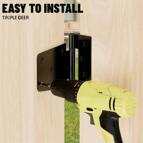 Installing Heavy Duty 3.5 Inch Gate Hinges With Extra Thick Straps using a drill on wood barn door, black finish
