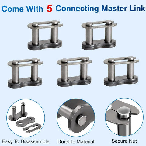 Five connecting master links for 35 Roller Chain 10 Feet 320 Links with Chain Breaker, durable steel construction.