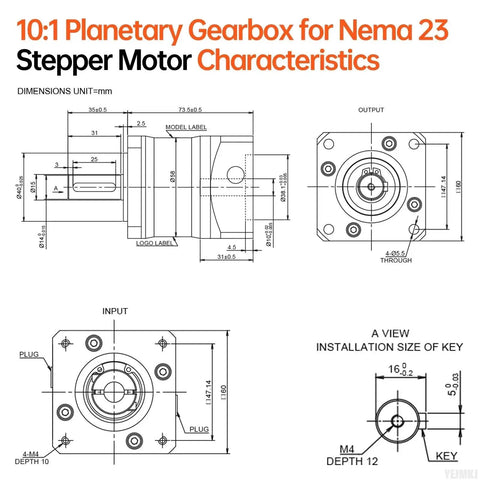 Technical diagram of 10 To 1 Planetary Gearbox For Nema 23 Stepper Motor With 31mm Input Shaft And 60 To 74mm Body Length Backlash 15 Arcmin