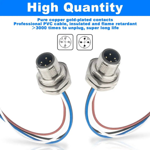M12 4 Pin A Code Male Connector Cable 0.7 Ft Panel Mount Extension Cable Outdoor IP67 Waterproof Bulkhead Connector for Industrial Sensors