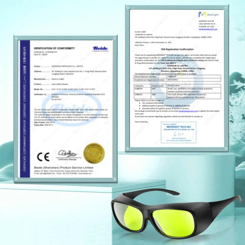 OD7 Plus Laser Safety Glasses For 800nm To 1100nm Range Pro Grade Eye Protection Goggles and certification documents in background