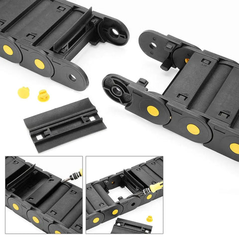 R55 25mm By 77mm Plastic Cable Drag Chain with Openable Cover showing detailed view of links and components for robotics and CNC use.