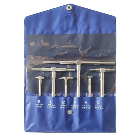 Pro Grade Telescoping Bore Gauge Set With Pouch Six Piece Five Sixteenths To Six Inches Range High Precision T Bore Gauges for Accurate Hole Sizing and Bore Measurement in Your Shop by Jenswill, displayed in a blue pouch.