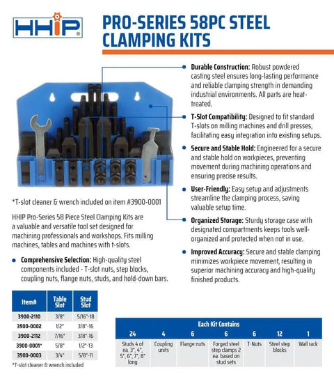 58 Piece Milling Machine Clamping Kit Built Tough With 7/16 Inch T Slot, 3/8-16 Studs, in blue storage rack with tools displayed