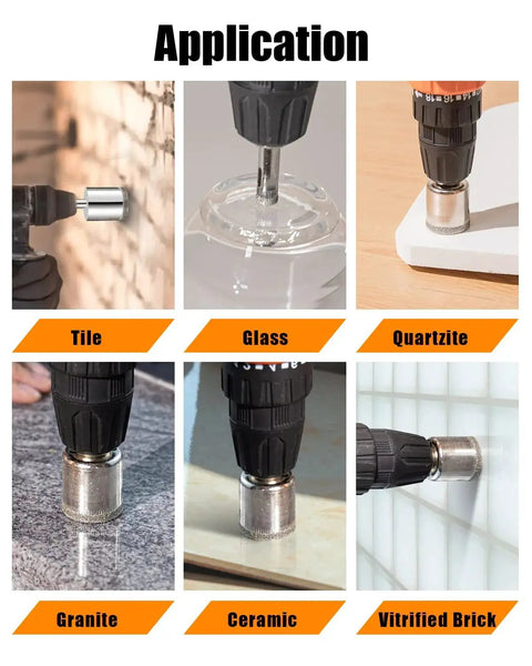 Diamond Drill Bits Set 10 Piece Diamond Hole Saw Kit For Glass, Ceramic Tile, Porcelain, Granite, Stone in use on various materials