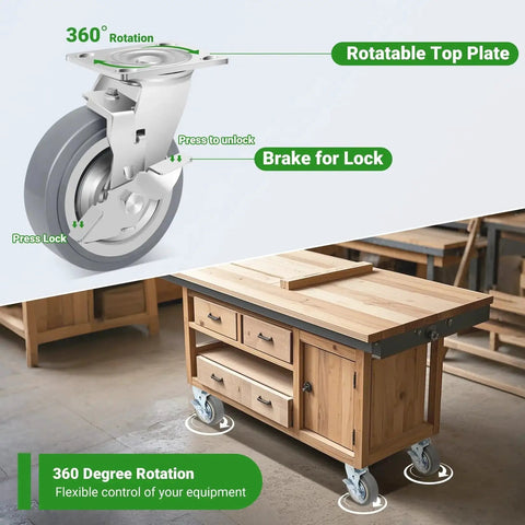 6 Inch Heavy Duty Caster Wheels Industrial Grade Thermoplastic Rubber With Brake 4500 Lbs Capacity Ball Bearing Plate Swivel Castors Set Of 4 For Equipment And Industrial Carts Medical Applications on a wooden workbench.