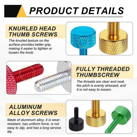 Product details highlighting Five Pack M4x6mm Flat Head Knurled Thumb Screws Made From Solid Aluminum Alloy Fully Threaded Bolts Fasteners