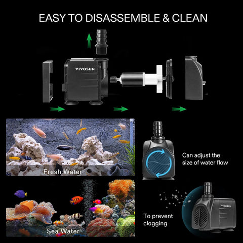 VIVOSUN 480GPH submersible pump, 1800 L/H, 25W, black, 7.2 ft lift, 5 ft cord, 3 nozzles for fish tanks and aquariums