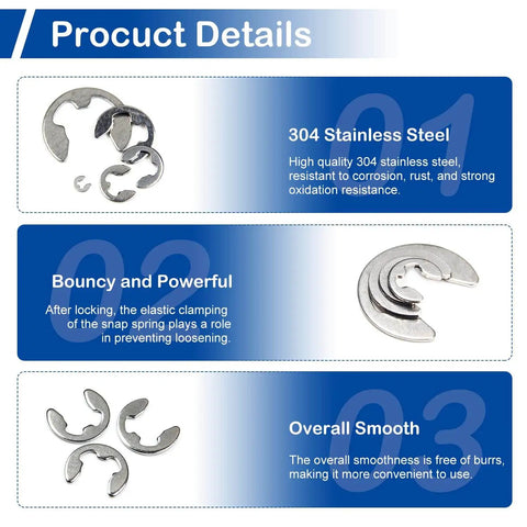 Beefy 300Pcs Stainless Steel E Clips Kit With 10 Sizes M1.5 To M10 External Circlip Snap Rings Retaining Clips Set shown with details.