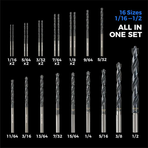16-piece Pro Cobalt Drill Bit Set For Metal And Steel With TiAlN Coating And Bullet Point Tips, visible sizes 1/16 to 1/2 inch