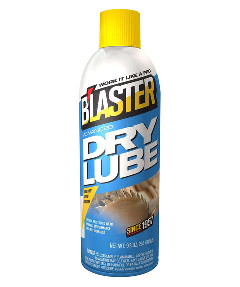 Blaster Advanced Dry Lube can, 9.3 oz, front view, yellow cap, safe for household use, ideal for locks, hinges, and tracks