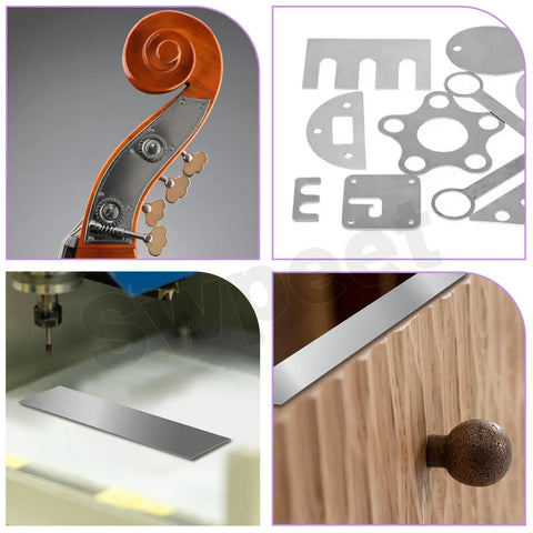 Premium 10 Pcs 304 Stainless Steel Shim Stock Kit Swpeet displayed on various surfaces, showcasing different metal shim shapes and uses.