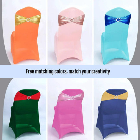 Multicolored chair covers showcasing Gold Spandex Chair Sashes 30 Piece With Sliders For Wedding Banquet Decor in various colors.