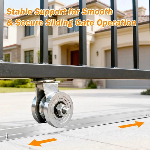 Sliding gate on heavy duty galvanized V track with inverted V groove rail for driveways and commercial systems