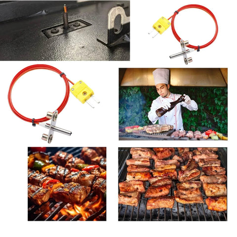 Thermocouple probe kit with red wire and yellow inline connector for Traeger D2 PRO and Ironwood grills, shown grilling.