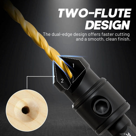 Close-up of Smooth Countersink Drill Bit Set For Woodworking With Magnetic Extension Holder, showing dual-edge design for precise finish.