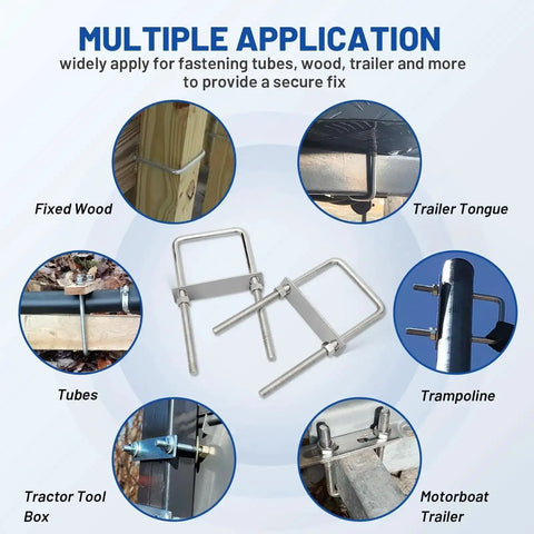 Beefy Heavy Duty Square U Bolts Kit With Frame Plates And Nuts Three Eighths Inch Diameter By Three Inch Wide By Seven Inch Long Stainless Steel U Clamp Bolts For Cars Trailers Ski Boats Tubes And Sailboats in multiple applications like wood, trailer tongues, trampolines, and motorboats.