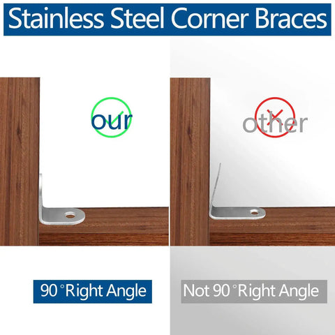Comparison of stainless steel corner braces showing our 90° right angle brace versus a non-right angle brace.