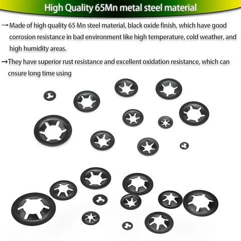 All In One Internal Tooth Star Lock Washers Kit With 360 Pieces In 9 Sizes M2 To M12 showing black 65Mn steel washers