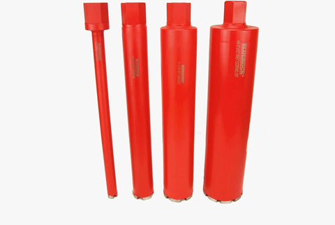 Diamond Wet Core Drill Bit Set For 1 To 4 Inch Holes With One And One Quarter Inch 11 UNC Threaded Core Bits For Concrete Masonry Rebar Asphalt Brick And Rock BLUEROCK Tools, displayed front view of red drill bits.