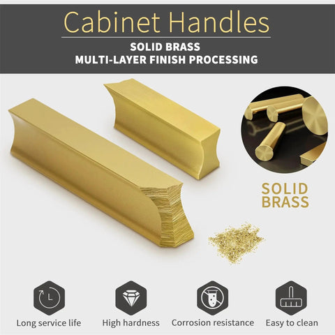 2 Pack Solid Brass Cabinet Handles In Brushed Gold Finish Modern Kitchen Hardware With Three And Three Quarters Inch Hole Center