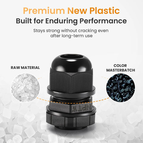 QILIPSU nylon cable gland, 1/2 in NPT, IP68 waterproof, black cord grip connector